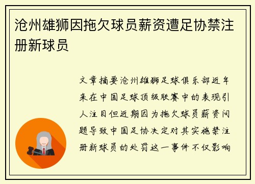 沧州雄狮因拖欠球员薪资遭足协禁注册新球员 沧州雄狮因拖欠球员薪资遭足协禁注册新球员